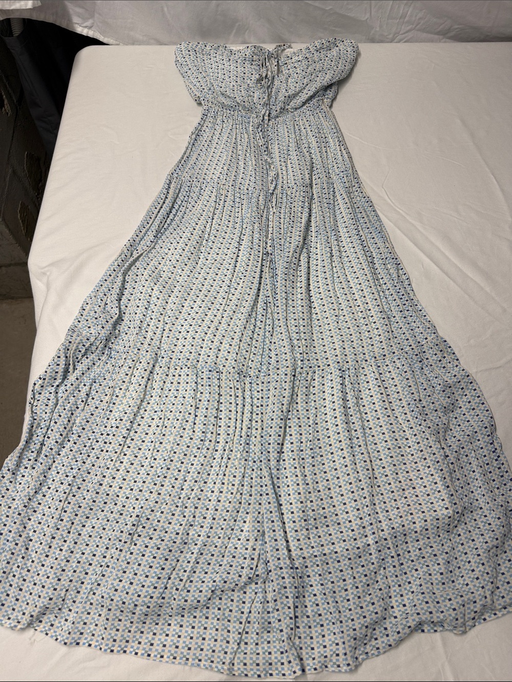 MINKPINK Strapless Maxi Dress in Light Blue and White Geometric Print